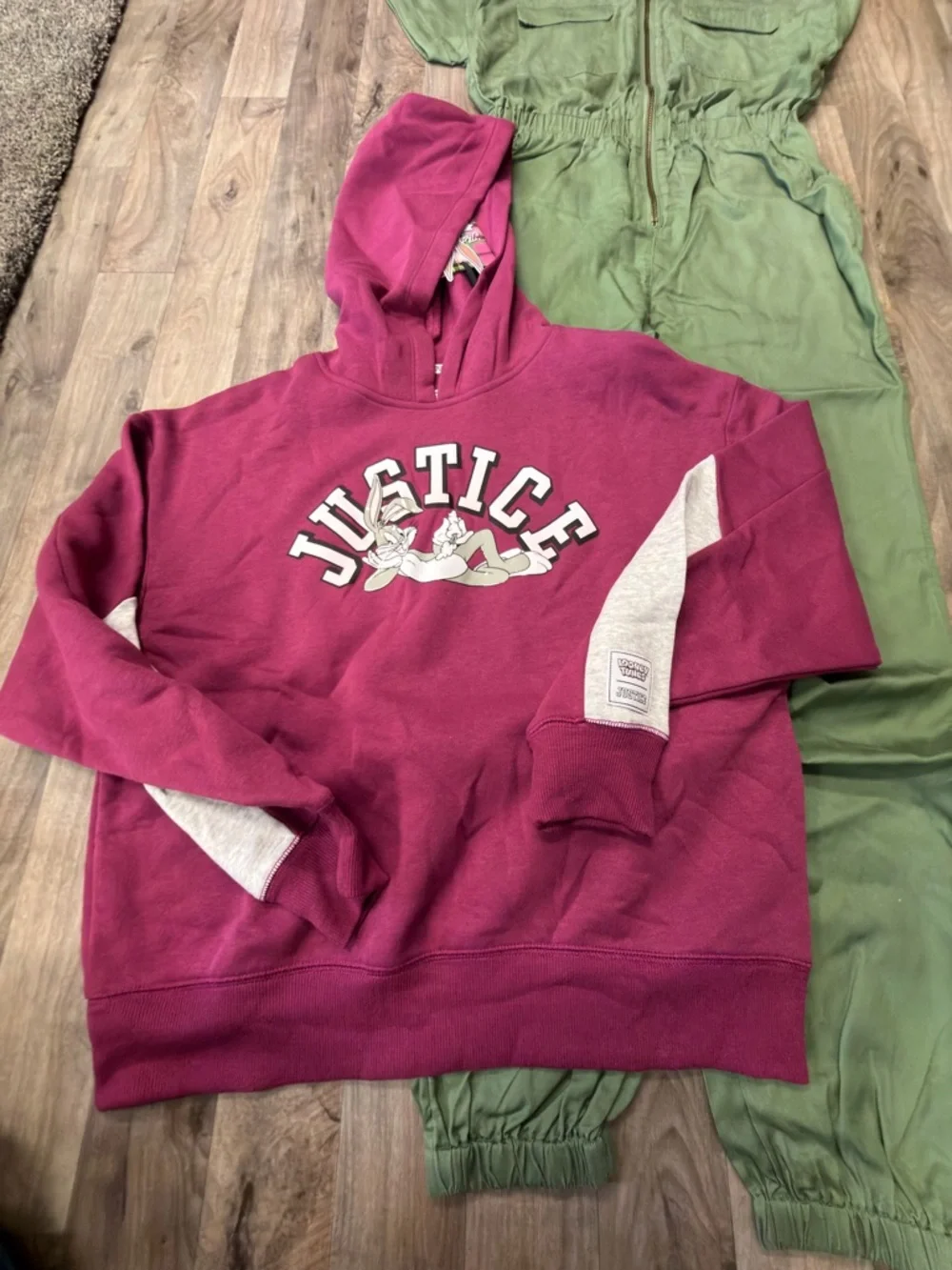 Justice Girls Olive‎ Utility Jumpsuit + Berry Hoodie and Pastel Tie-Dye Shorts